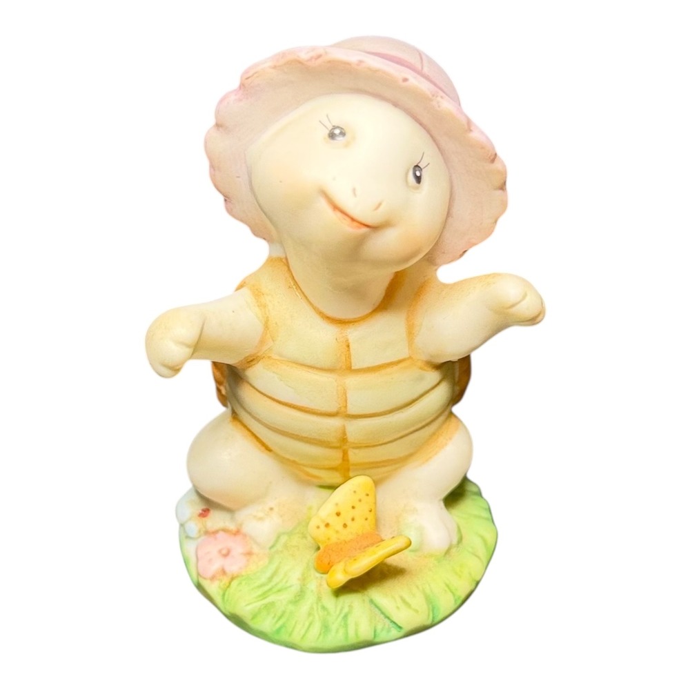 Cottagecore Homco Turtle Figurine 8877 Yellow Pink Butterfly Ceramic Decor